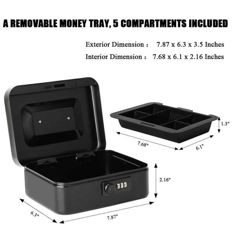 Jssmst Cash Box with Money Tray and Combination Lock - Secure Medication Lock Box for Home and Office Use, 7.87'' x 6.3'' x 3.54'' - Durable and Reliable Security Solution - Image 3
